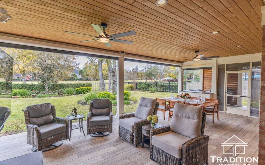 Custom Patio Cover with Outdoor Kitchen & Screens in Sugar Land, TX | Tradition Outdoor Living