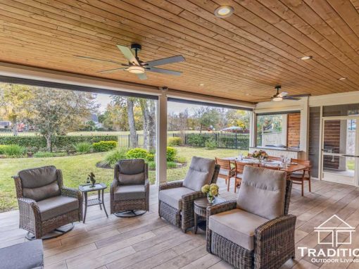 Custom Patio Cover with Outdoor Kitchen & Screens in Sugar Land, TX | Tradition Outdoor Living
