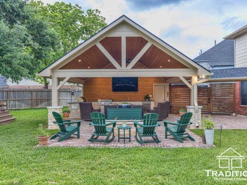 Gabled Patio Cover, Outdoor Kitchen & Fire Pit Project in Cypress, TX