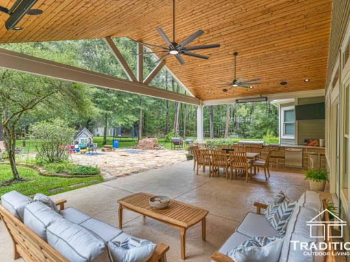 Custom Outdoor Living Space in Magnolia, Texas Featuring a Patio Cover and Outdoor Kitchen