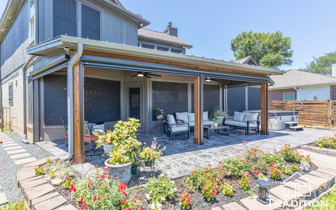 Custom Patio Cover with Outdoor Kitchen & Screens in Sugar Land, TX | Tradition Outdoor Living